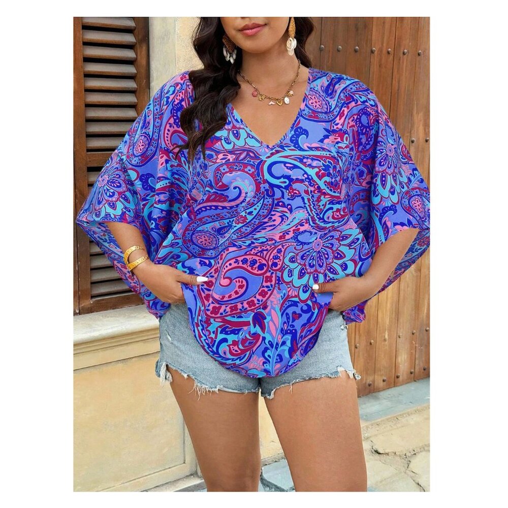 Vacation-Wear Blouse with Butterfly Sleeves
